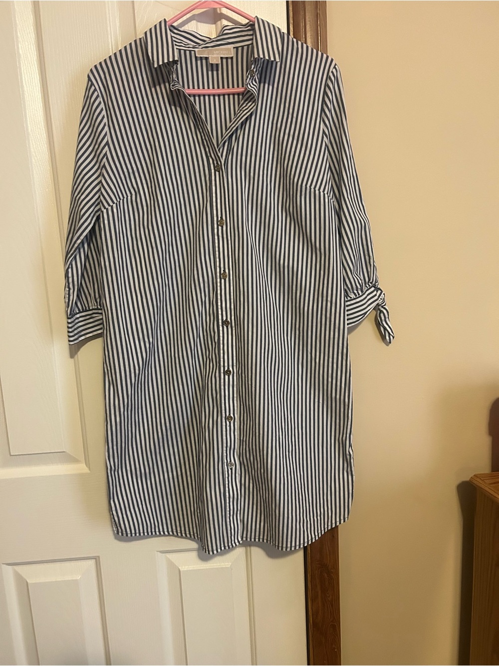 MICHAEL Michael Kors Striped Shirt Dress Size 8 Navy White Tie Sleeve Button Up